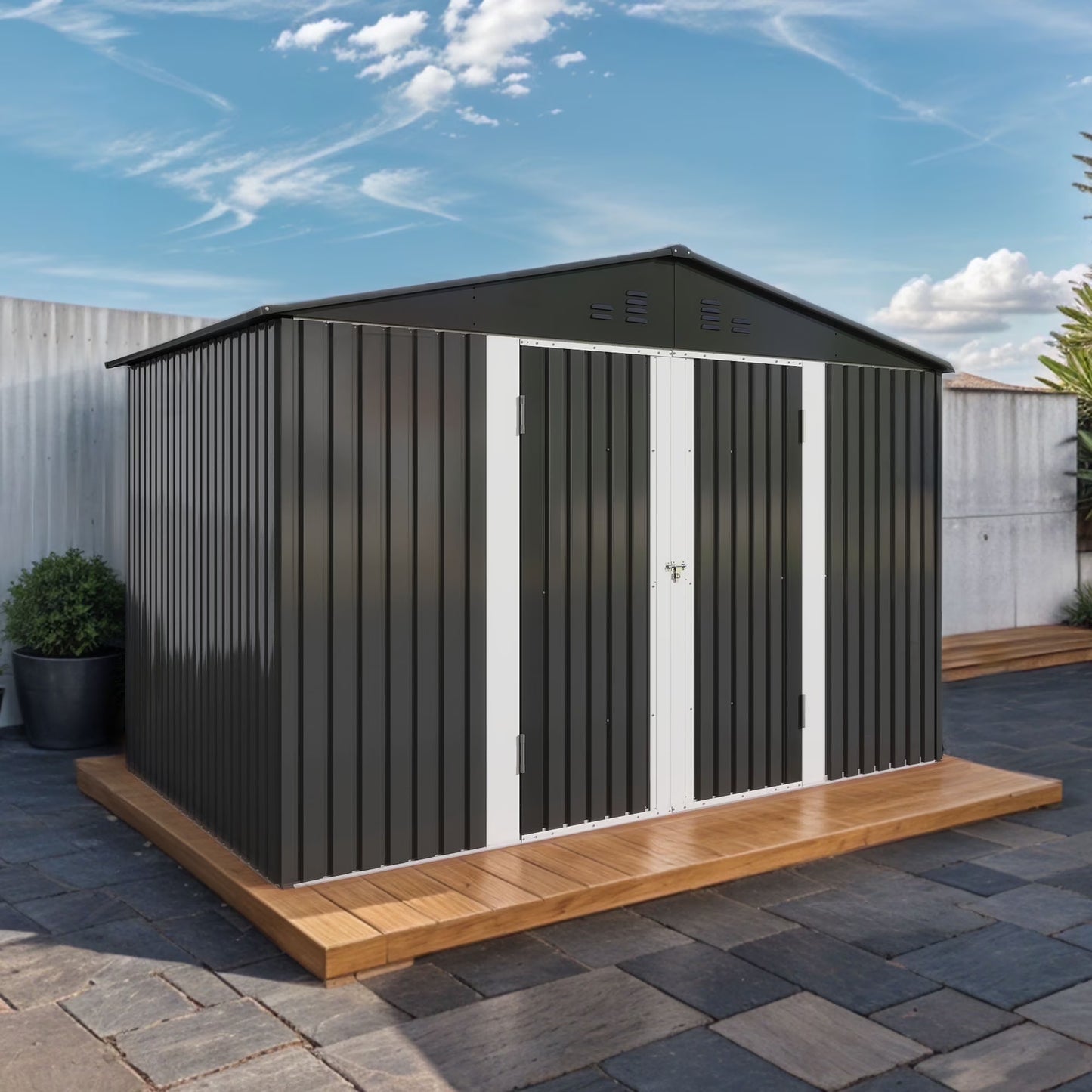 ModFusion 9x4 ft Outdoor Metal Storage Shed with Lockable Double Doors, Acrylic Glass Windows, Steel Roof, Garden Patio Bikes, Skylight, Dark Gray
