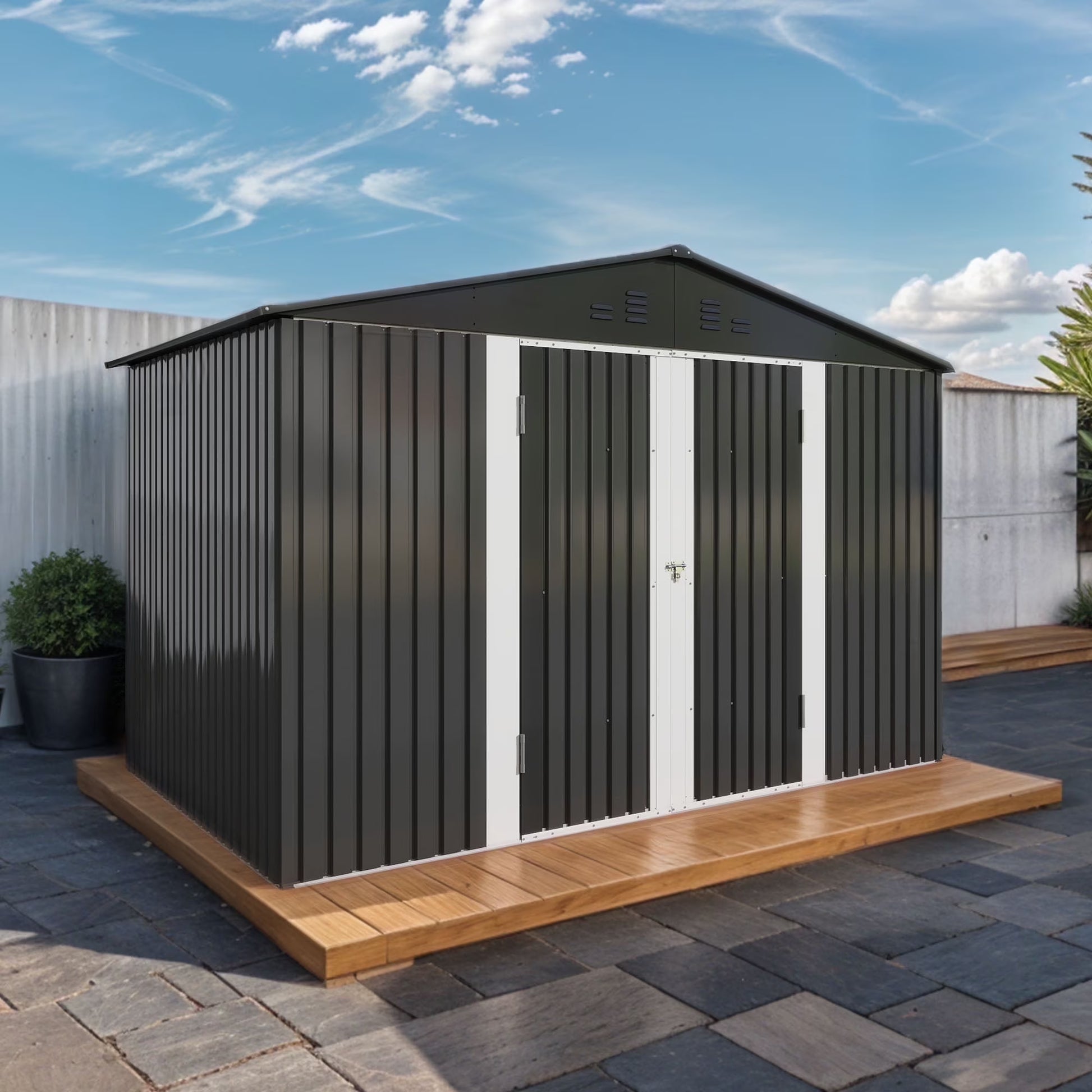 ModFusion 9x4 ft Outdoor Metal Storage Shed with Lockable Double Doors, Acrylic Glass Windows, Steel Roof, Garden Patio Bikes, Skylight, Dark Gray
