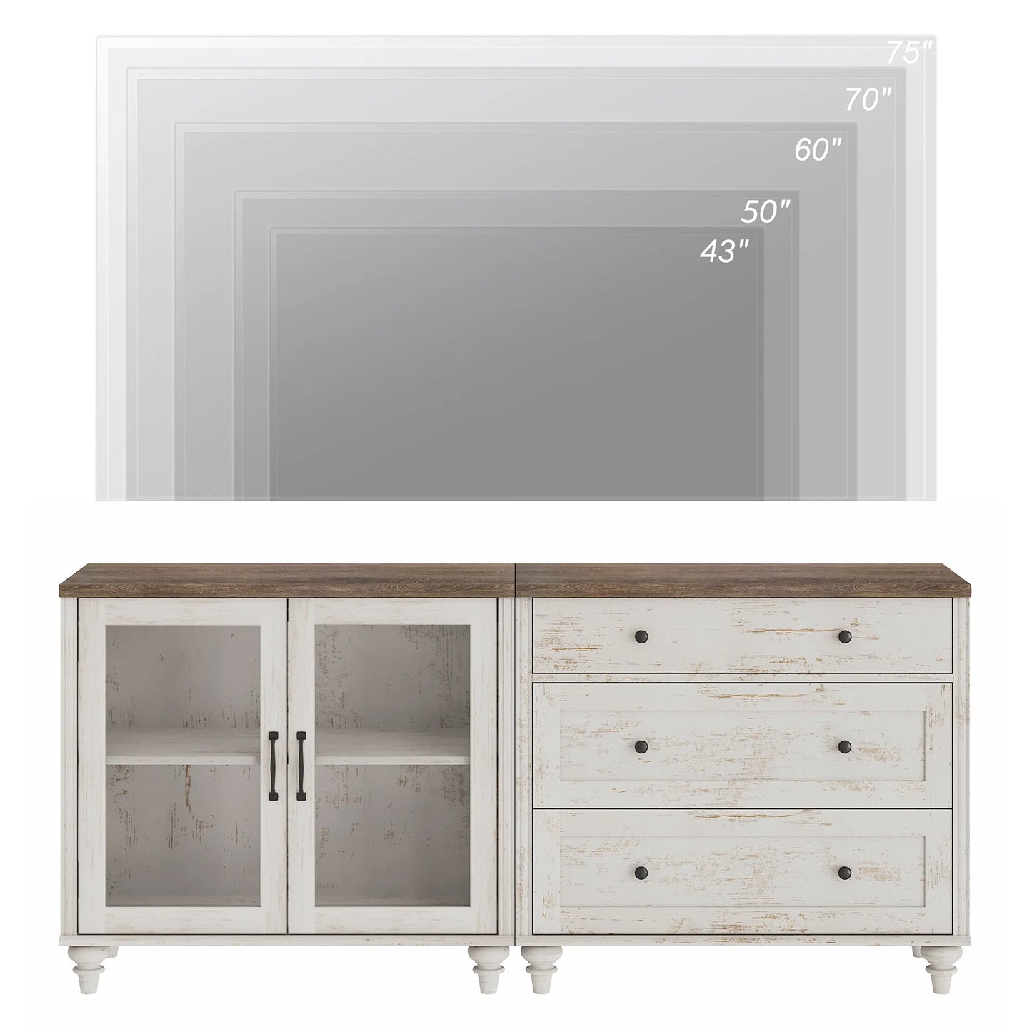 TV Stand for 75-Inch TVs, Wooden TV Cabinet Entertainment Center Television Stands for Living Room, 2-in-1 Sideboard Buffet Cabinet with Glass Door & Drawer for Kitchen, Rustic White