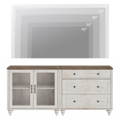 TV Stand for 75-Inch TVs, Wooden TV Cabinet Entertainment Center Television Stands for Living Room, 2-in-1 Sideboard Buffet Cabinet with Glass Door & Drawer for Kitchen, Rustic White