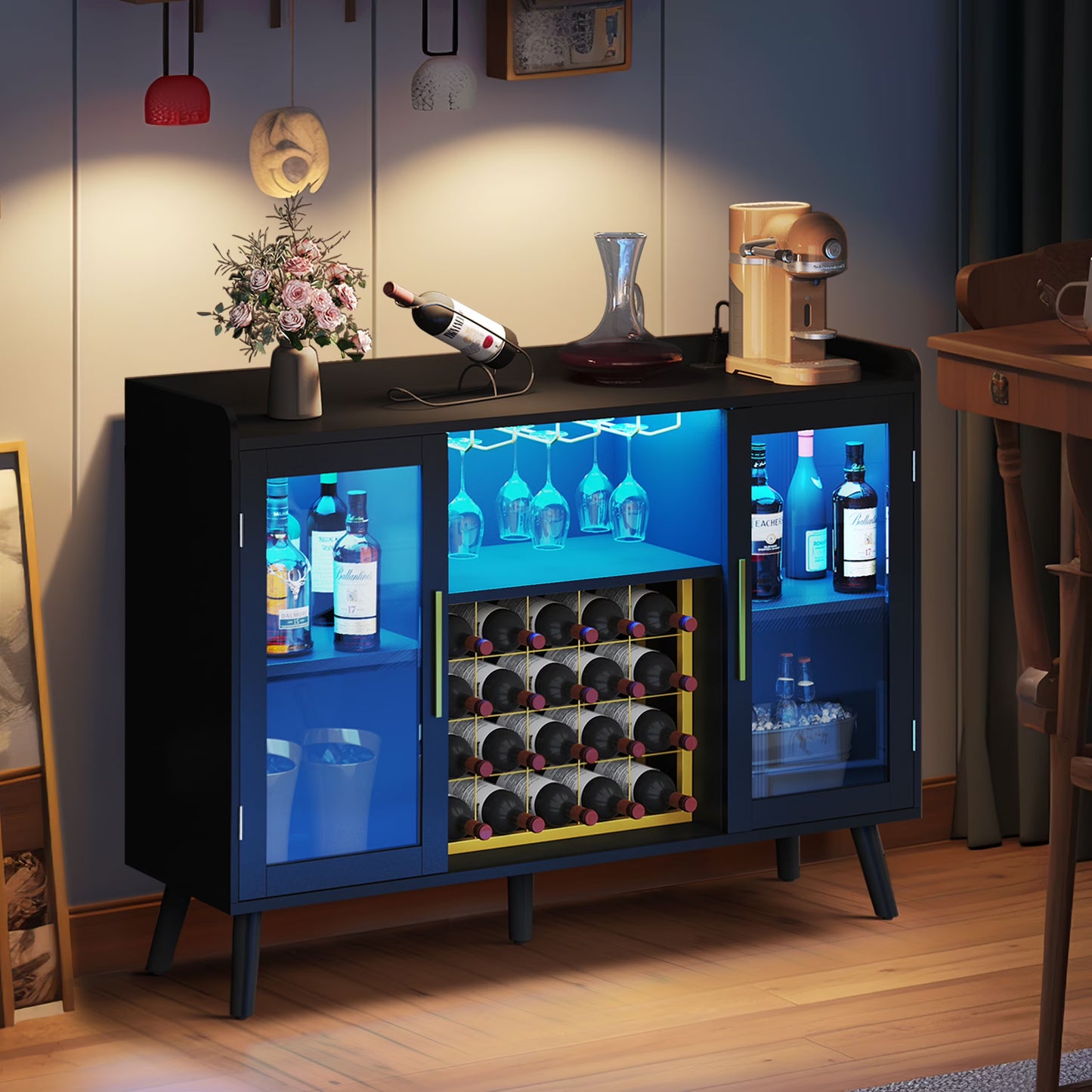 DEXTRUS Wine Bar Cabinet with Power Outlet & LED Light, Cabinet with Wine Rack & Glass Holder, White