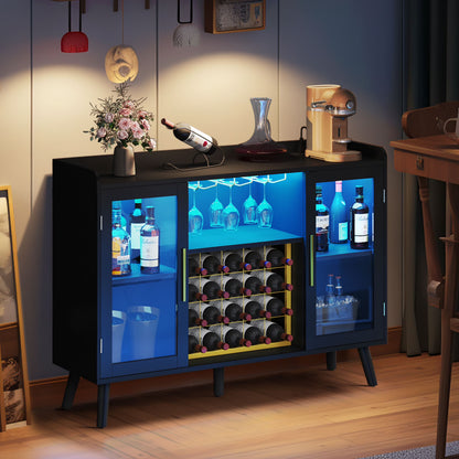 DEXTRUS Wine Bar Cabinet with Power Outlet & LED Light, Cabinet with Wine Rack & Glass Holder, White
