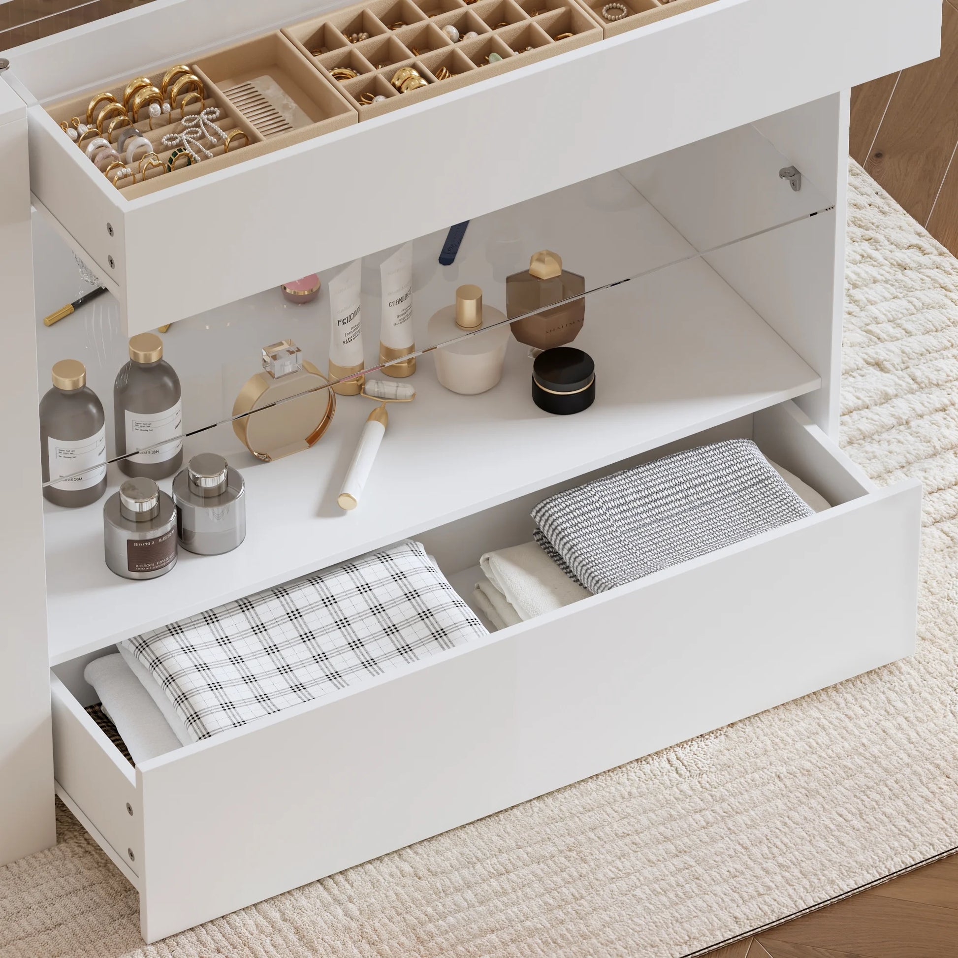 KULAGAGA Closet Island with Glass Top & 8 Drawers,Wardrobe Armoire Island for Walk-in Closet, Store Dressing Room, 47.2° W x 23.6° D x 31.5° H