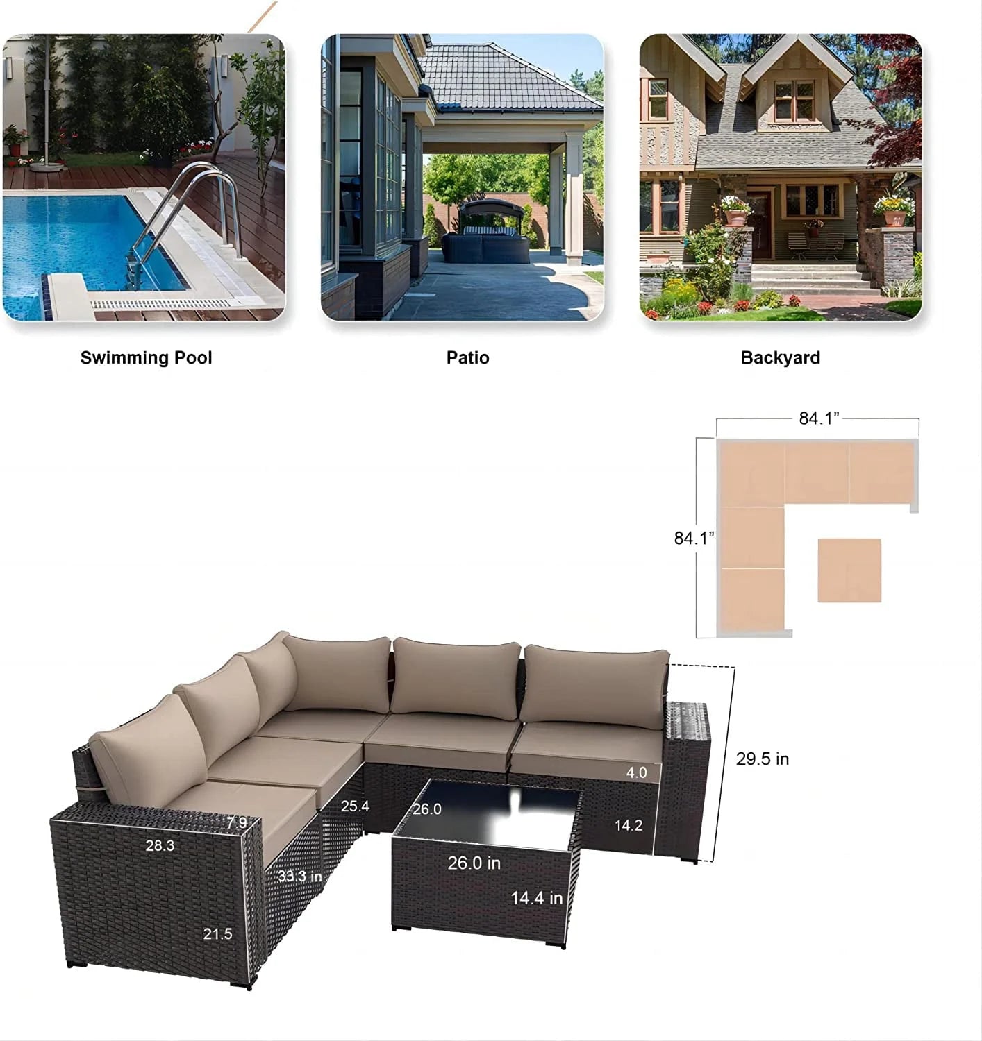 Grezone 6 Pieces Patio Outdoor Furniture Sets All Weather Wicker Sectional Sofa Couch Lawn Sectional Furniture with Washable Couch Cushions and Black glass Wicker Table (Cream)