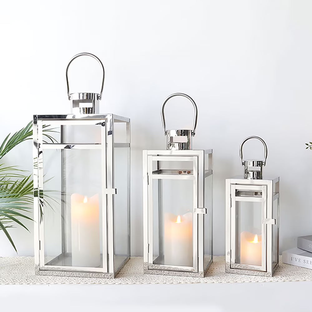 Stainless Steel Lantern Set of 3 12/15/19" Metal Lanterns with Tempered Glass for Parties & Events (Silver )
