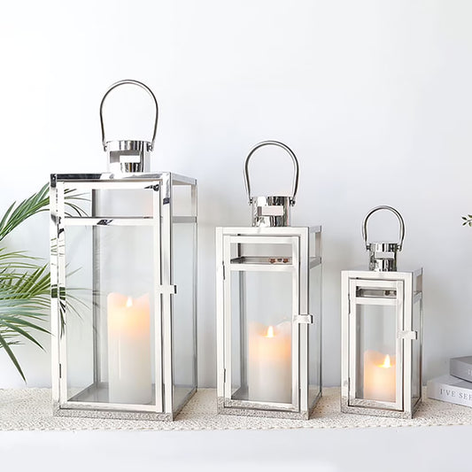 Stainless Steel Lantern Set of 3 12/15/19" Metal Lanterns with Tempered Glass for Parties & Events (Silver )