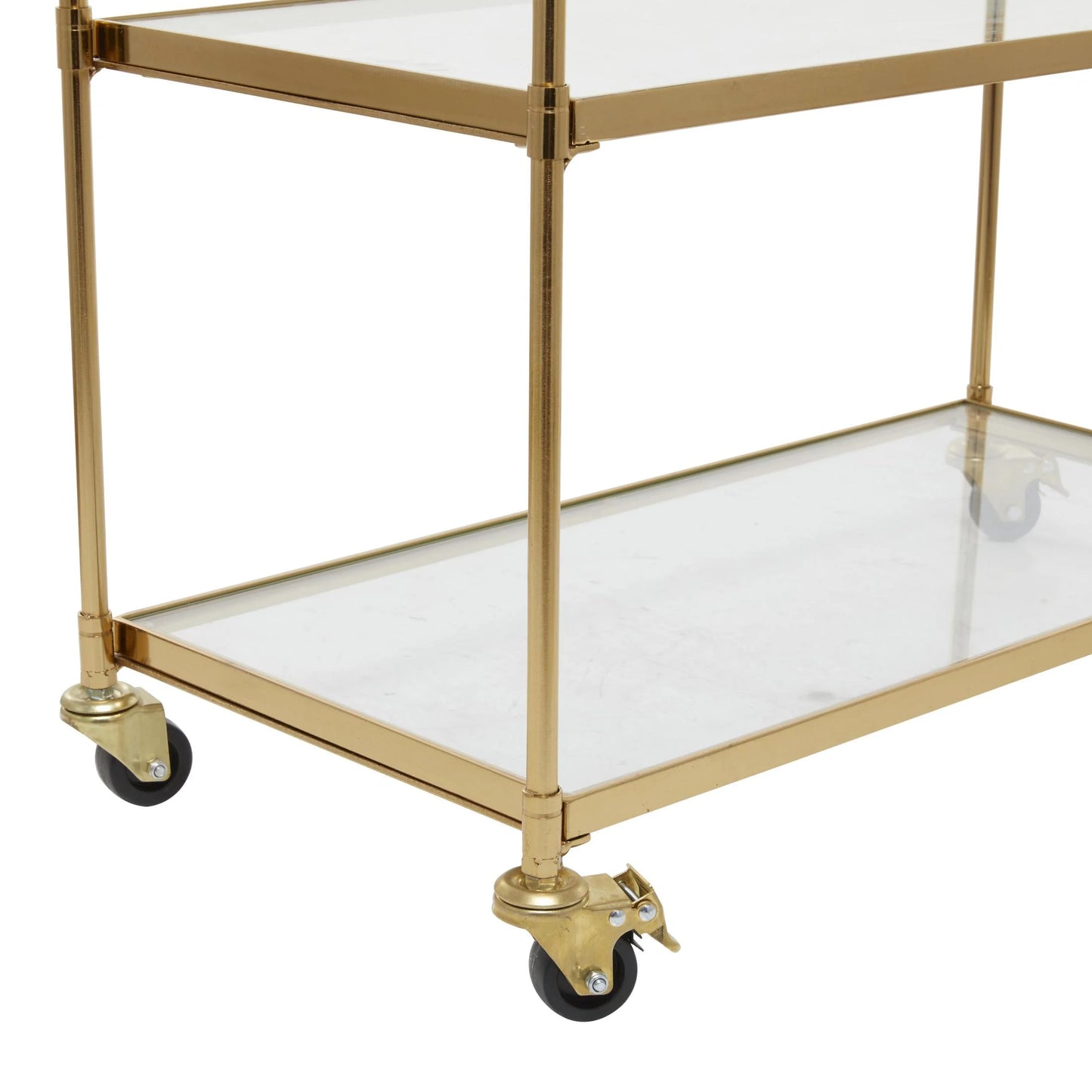 DecMode Traditional 3 Tier Gold Metal Bar Cart with Transparent Glass Shelves, 38"W x 31"H