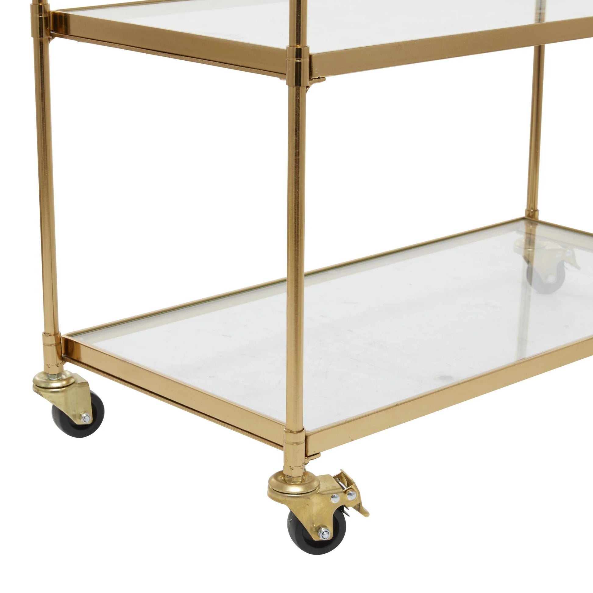 DecMode Traditional 3 Tier Gold Metal Bar Cart with Transparent Glass Shelves, 38"W x 31"H
