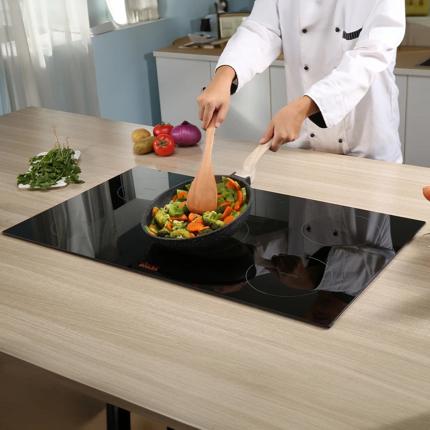 KFFKFF 36in Electric Cooktop, 5 Burners Ceramic Glass Stove Top Touch Control 9200W, 9 Heating Level Multifunctional Burner