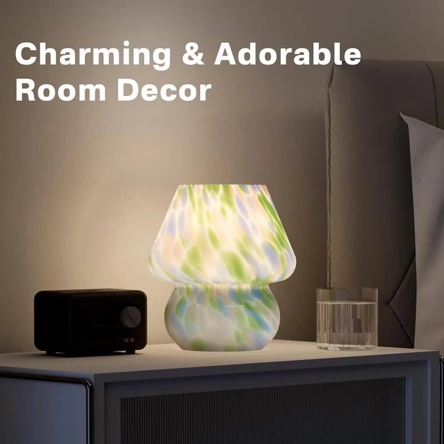 Aesthetic Design Translucent Vintage Glass Desk Lamp for Living Room, Bedroom, Office - Dimmable Small Pink Mushroom Table Lamp