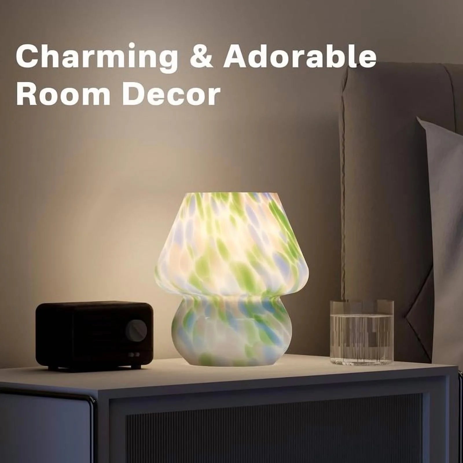 Aesthetic Design Translucent Vintage Glass Desk Lamp for Living Room, Bedroom, Office - Dimmable Small Pink Mushroom Table Lamp