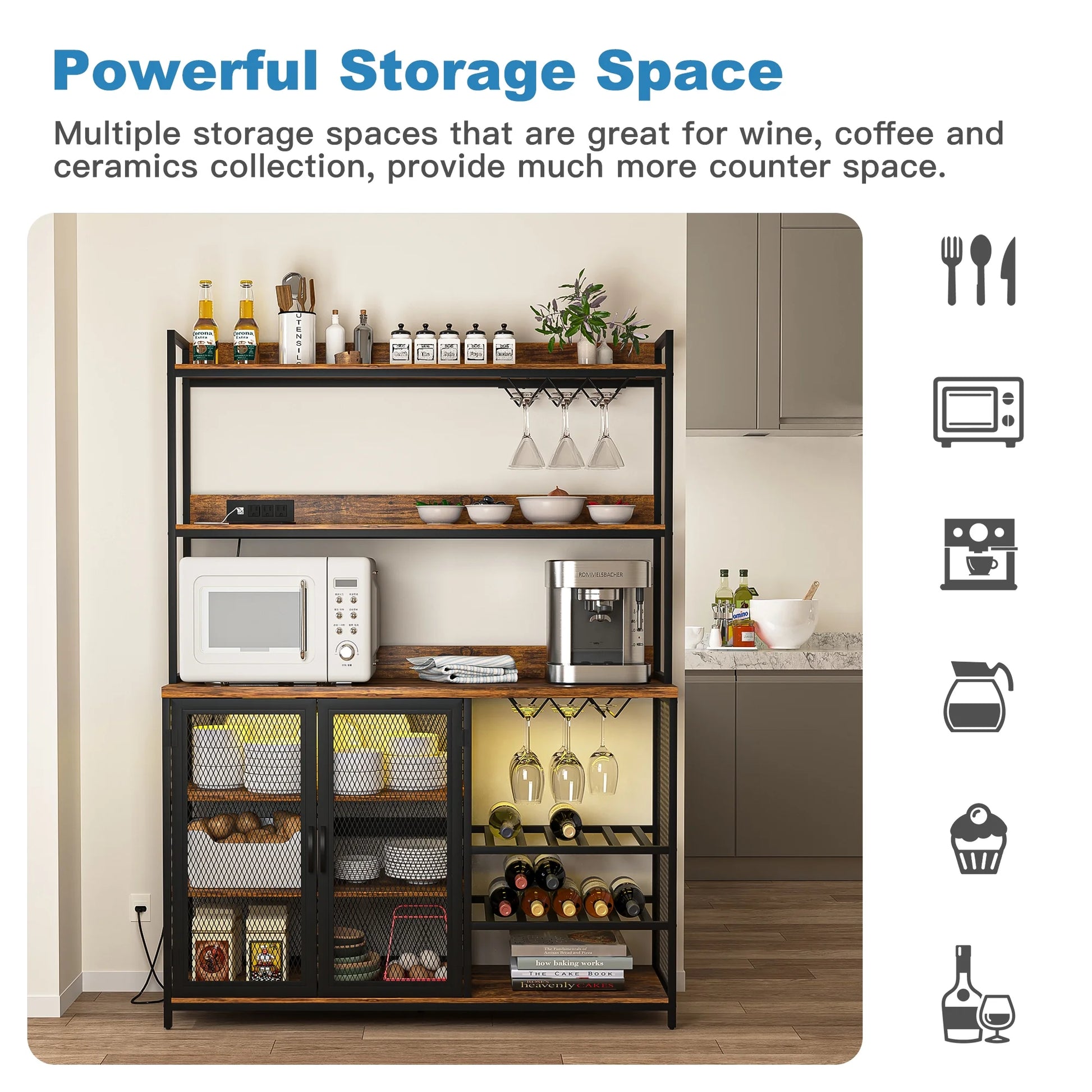 Kepooman Coffee Bar Cabinet with Power Outlet, Industrial Buffet Cabinet with LED Strip and Glass Holder, 3-Tiers Liquor Cabinet Bar for Home, Dining Room, Kitchen, Vintage Brown