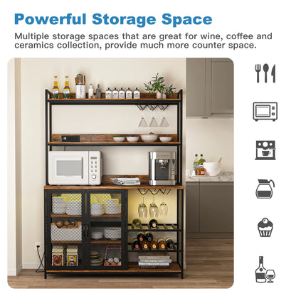 Kepooman Coffee Bar Cabinet with Power Outlet, Industrial Buffet Cabinet with LED Strip and Glass Holder, 3-Tiers Liquor Cabinet Bar for Home, Dining Room, Kitchen, Vintage Brown