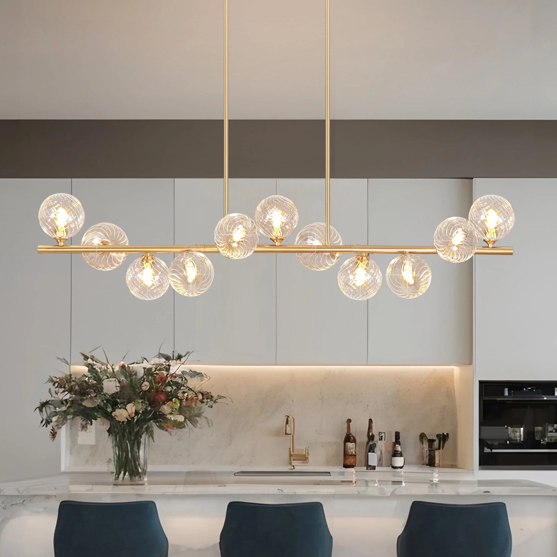 Lzawvm Dining Room Light Fixture with Swirled Glass Globe Linear Chandelier for Dining Room 11-Lights Pendant Lights Kitchen Island for Living Room Sputnik Gold 51inch