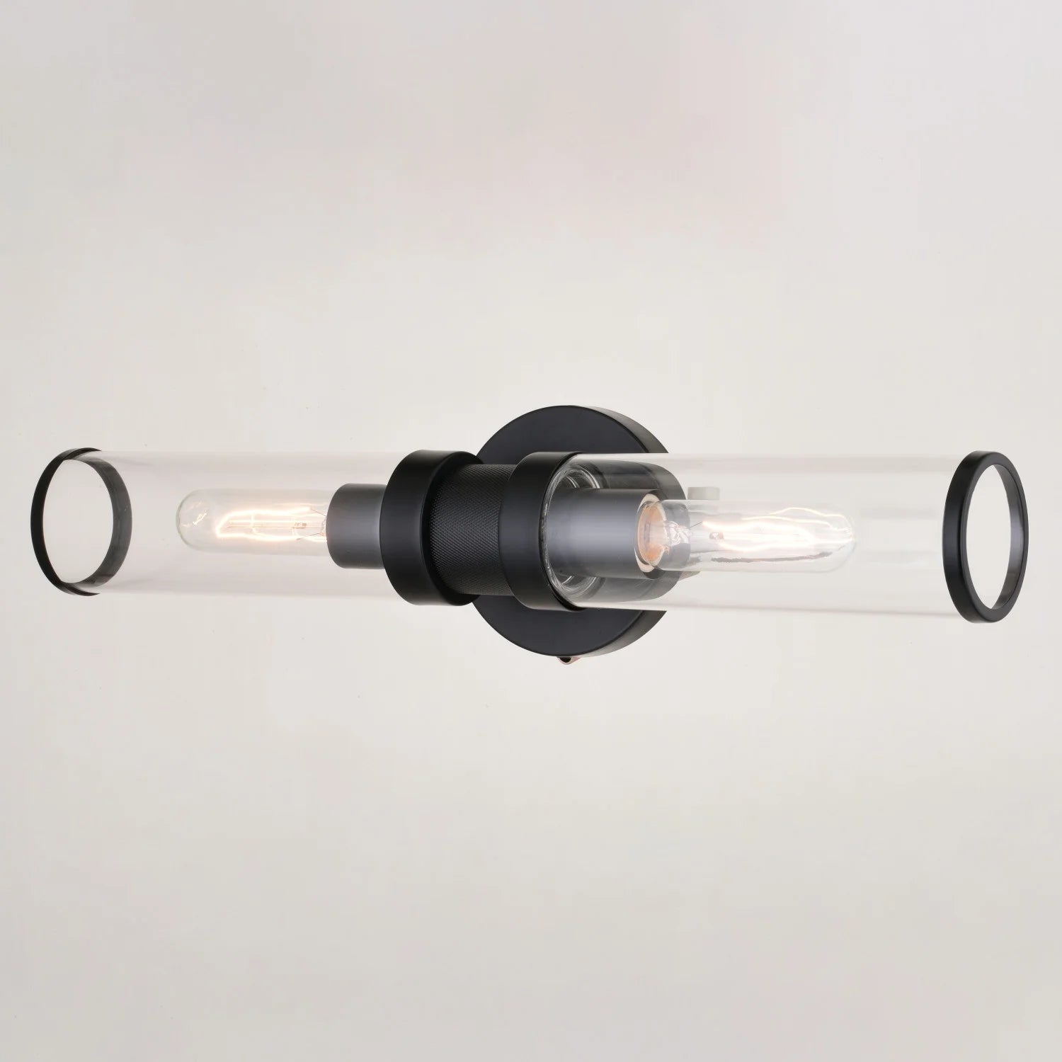 Levitt 2 Light Black Industrial Bathroom Vanity Wall Fixture with Clear Tube Glass