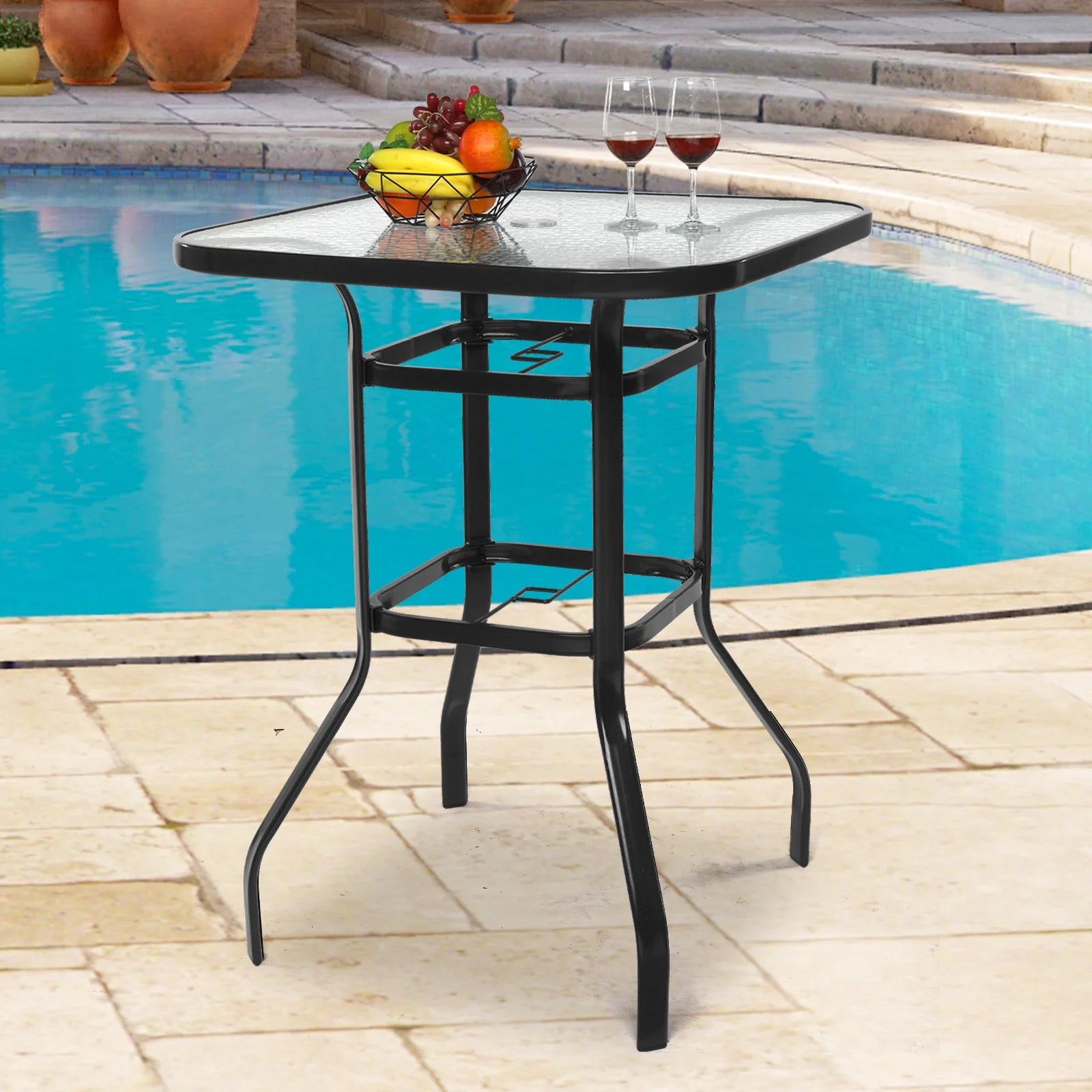 IVV Outdoor Patio Bar Height Bistro Table w/Tempered Glass Top & 1.8" Umbrella Hole & Metal Frame, 31.5"L x 31.5"W x 39.8"H, Black & Clear