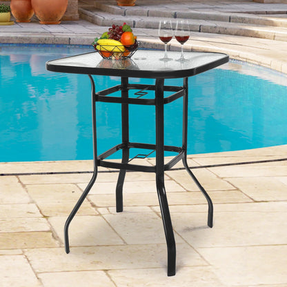 IVV Outdoor Patio Bar Height Bistro Table w/Tempered Glass Top & 1.8" Umbrella Hole & Metal Frame, 31.5"L x 31.5"W x 39.8"H, Black & Clear