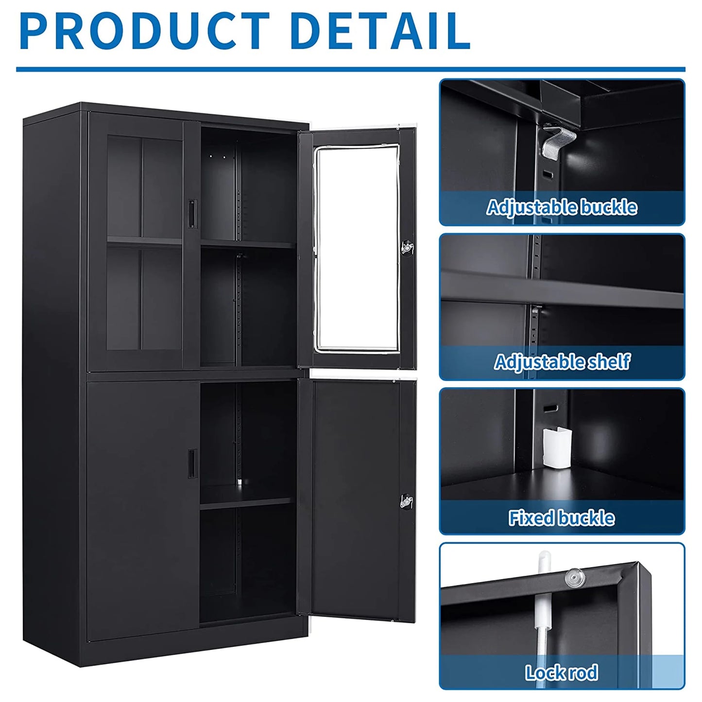 STANI Metal Cabinet with Lock, Tall Office Storage Cabinet with Glass Door, Lockable Black Steel Cabinet with 2 Adjustable Shelves for Home, Clinic, Pantry, Basement