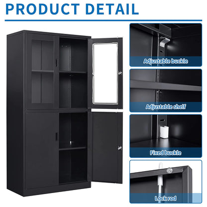 STANI Metal Cabinet with Lock, Tall Office Storage Cabinet with Glass Door, Lockable Black Steel Cabinet with 2 Adjustable Shelves for Home, Clinic, Pantry, Basement