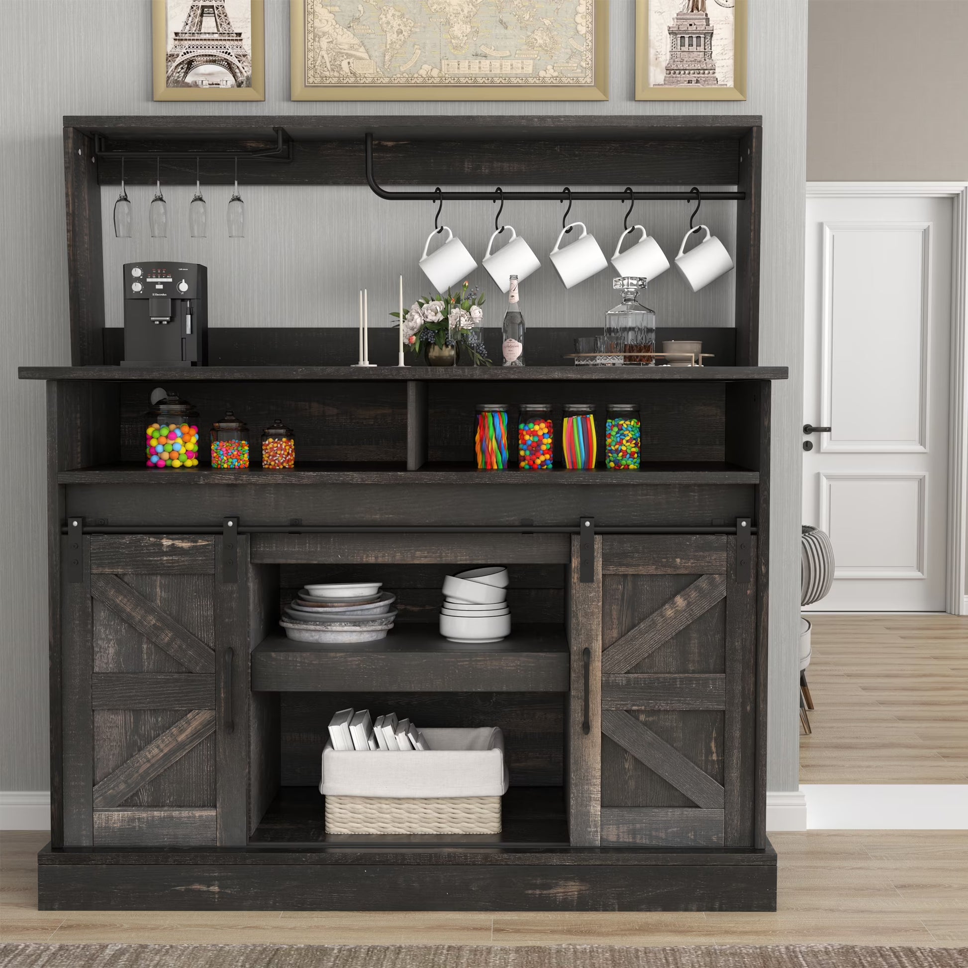 Dextrus 47" Farmhouse Coffee Bar Cabinet,Buffet Cabinets with Power Socket, Wine Glass Rack, Barn Door for Kitchen Black