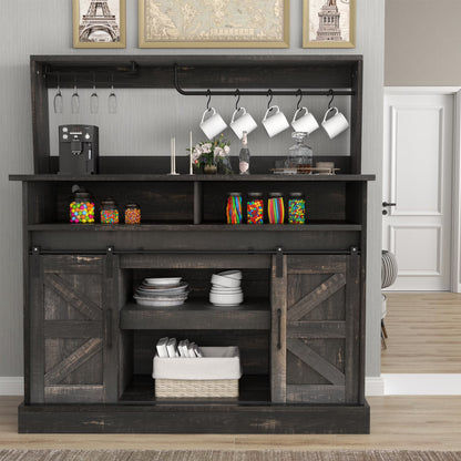 Dextrus 47" Farmhouse Coffee Bar Cabinet,Buffet Cabinets with Power Socket, Wine Glass Rack, Barn Door for Kitchen Black
