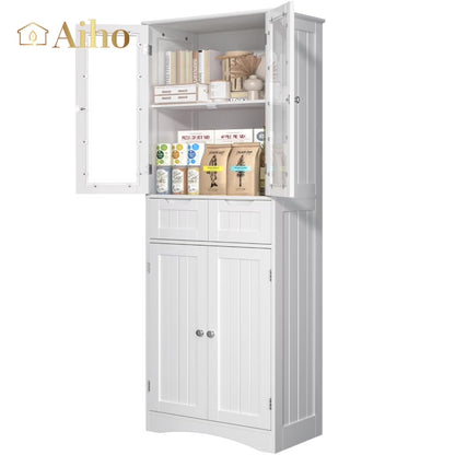 Aiho 67" Kitchen Pantry Storage Cabinet, Pantry Storage Cabinet with 2 Drawers and Glass Doors for Kitchen, Dining Room - White