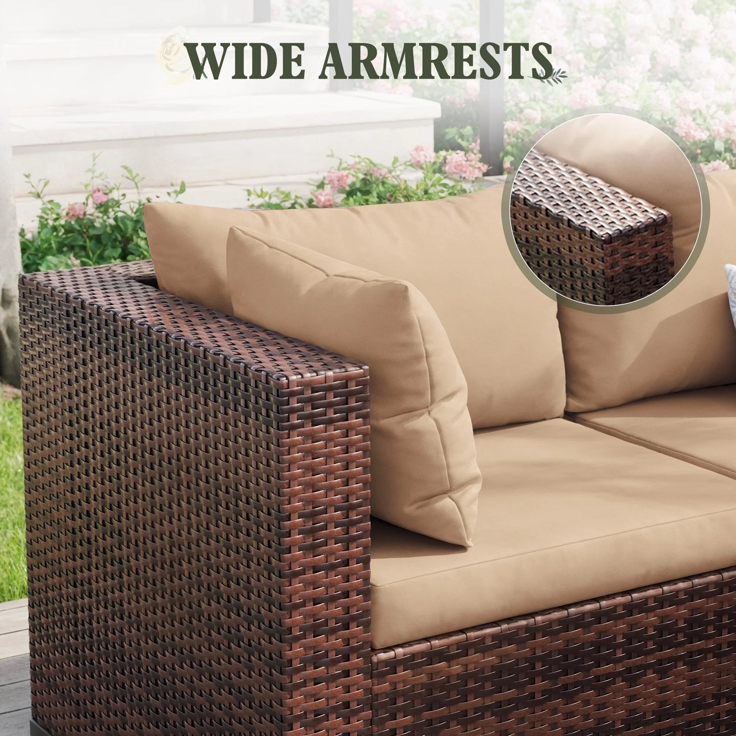 MRUAKA 5 Pieces Patio Furniture Set, Outdoor Furniture Sectional Rattan Sofa with Slanted Back, Patio Couch with Glass Coffee Table for Backyard Garden (Khaki)