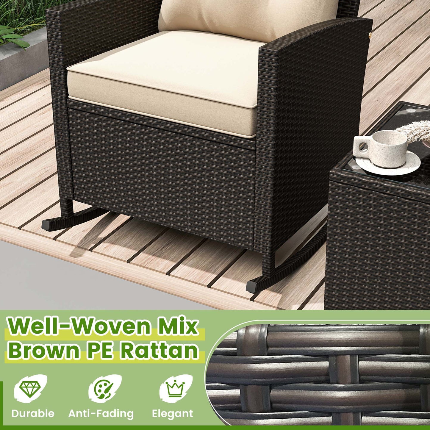 Costway 3 PCS Patio Wicker Rocking Set with Tempered Glass Table & Soft Cushions Outdoor Beige