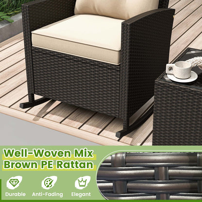 Costway 3 PCS Patio Wicker Rocking Set with Tempered Glass Table & Soft Cushions Outdoor Beige
