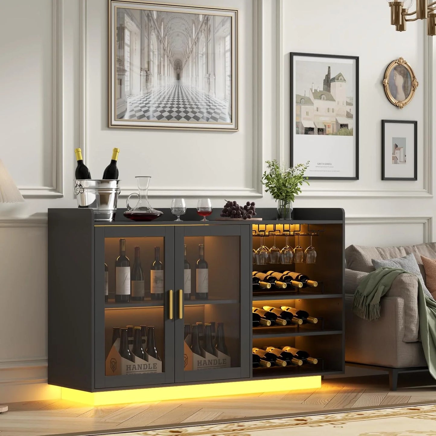 Wine Bar Cabinet with LED Lights, Floating Coffee Bar with Glass Rack and Removable Wine Racks, Modern Buffet Sideboard with Storage Shelves, Kithchen Bar with Glass Cabinet Doors
