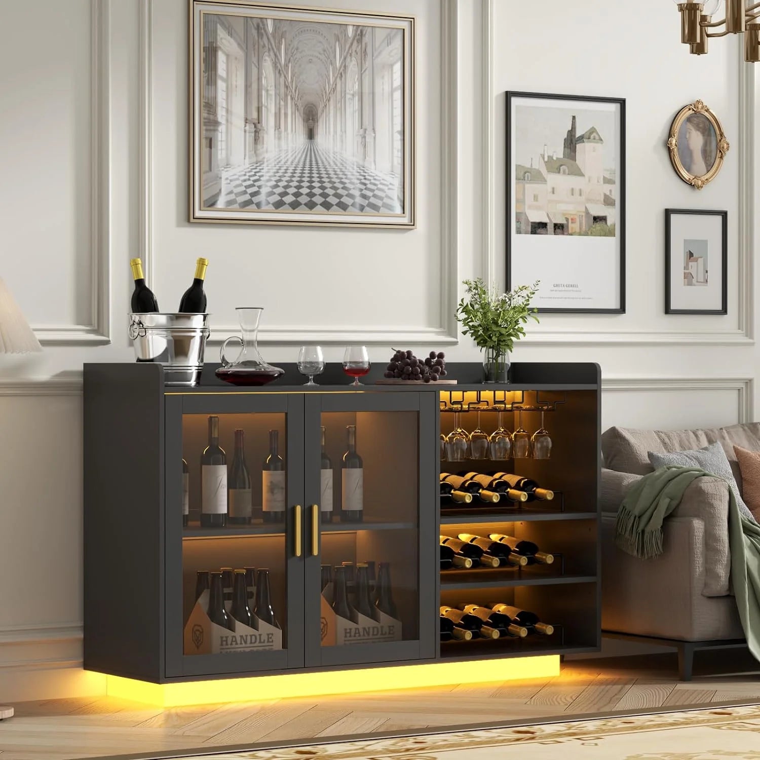 Wine Bar Cabinet with LED Lights, Floating Coffee Bar with Glass Rack and Removable Wine Racks, Modern Buffet Sideboard with Storage Shelves, Kithchen Bar with Glass Cabinet Doors
