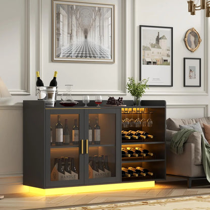 Wine Bar Cabinet with LED Lights, Floating Coffee Bar with Glass Rack and Removable Wine Racks, Modern Buffet Sideboard with Storage Shelves, Kithchen Bar with Glass Cabinet Doors
