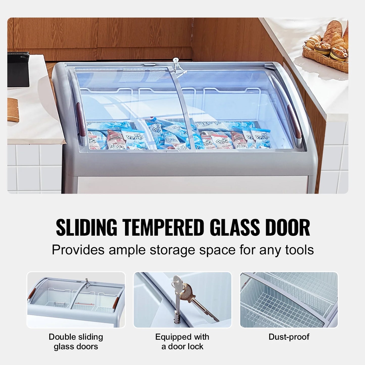 KFFKFF Professional Ice Cream Showcase, 9.3 Cubic Feet Storage Freezer, Portable Transparent Lid Deep Freezer, Eatery Sorbet Serving Cabinet,3 Metal Baskets, Dual Slide Glass Doors, Lockable Wheels