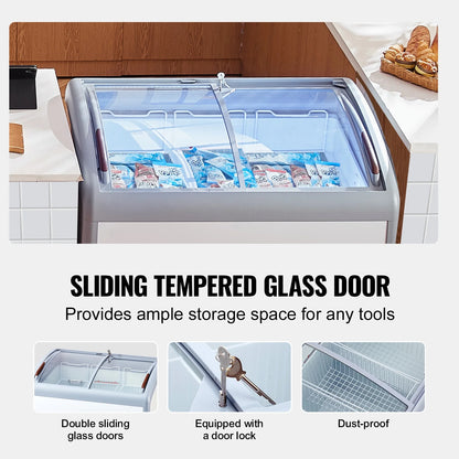 KFFKFF Professional Ice Cream Showcase, 9.3 Cubic Feet Storage Freezer, Portable Transparent Lid Deep Freezer, Eatery Sorbet Serving Cabinet,3 Metal Baskets, Dual Slide Glass Doors, Lockable Wheels