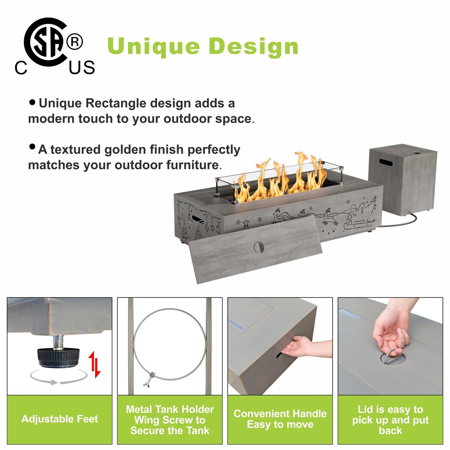 Evita 42" Propane Fire Pits for Outdoor 50,000 BTU Gas Fire Pit Table with Lid ,Glass stone,Windguard Glass,Tank Cover,LED Light Strip
