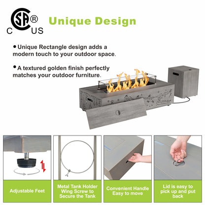 Evita 42" Propane Fire Pits for Outdoor 50,000 BTU Gas Fire Pit Table with Lid ,Glass stone,Windguard Glass,Tank Cover,LED Light Strip