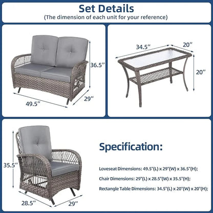 SOCIALCOMFY 4-Piece Wicker Patio Furniture Sets Outdoor All-Weather Rattan Conversation Set Includes Glider Loveseat, Glass-Top Coffee Table, 2 Glider Rocker Chairs with Thickened Cushions