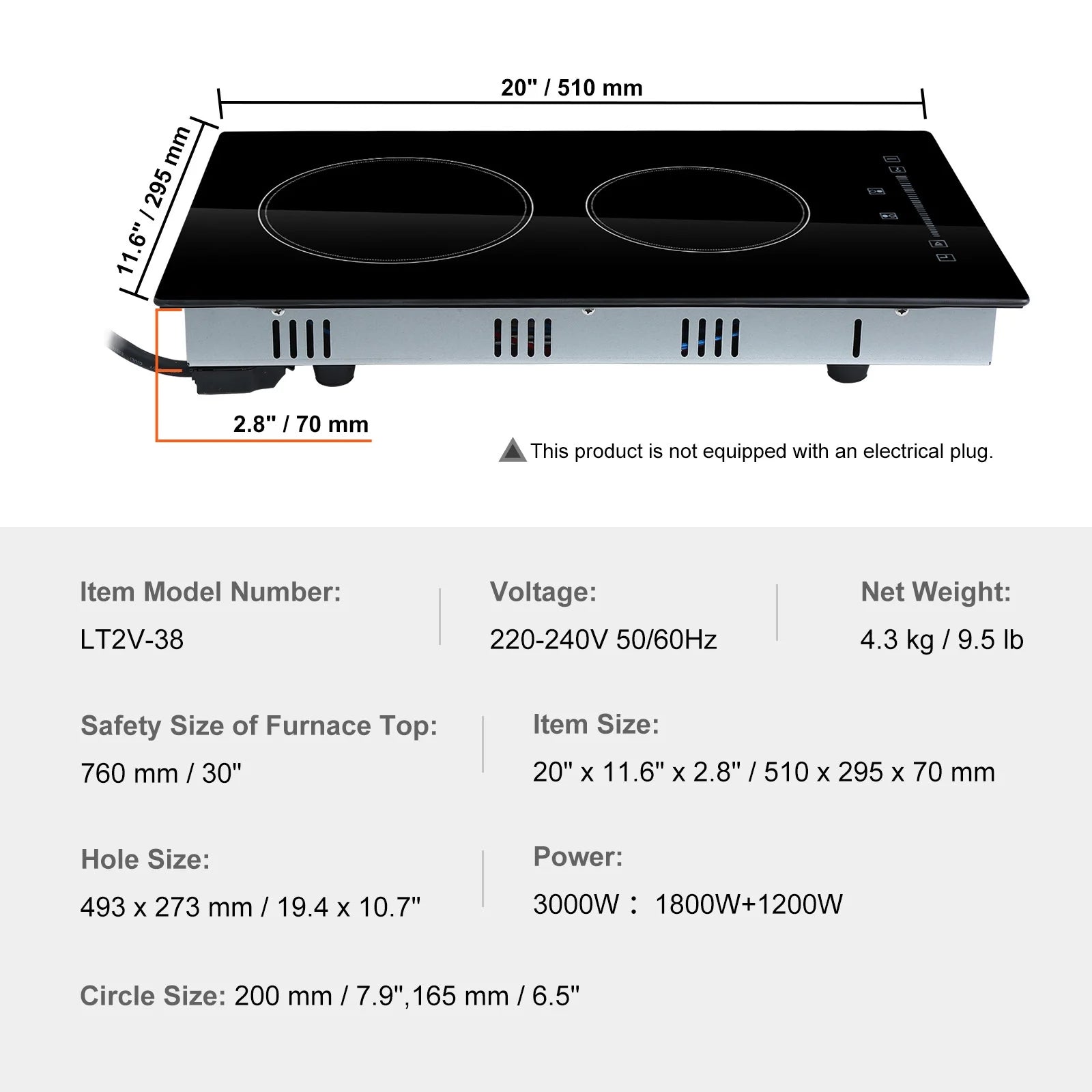 KFFKFF 2 Burner Electric Cooktop, 20 x 11.6 inches, 240V 3000W Glass Heat Plate with Touch-Sensitive Controls, Inbuilt Timer and Child Safety Feature, 9 Adjustable Heat Settings for Kitchen