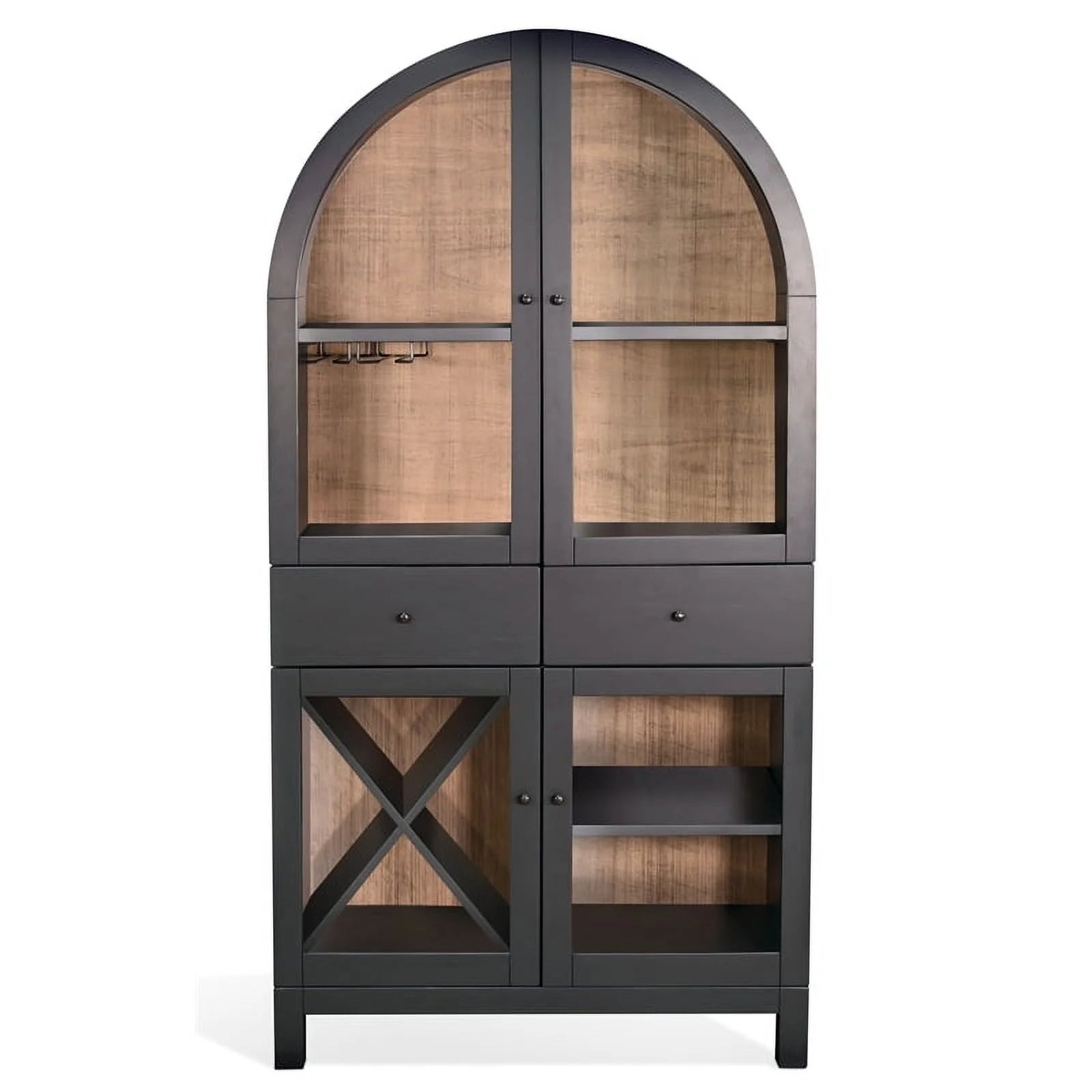 Sunny Designs Arched Wood Wine Bar Cabinet with Built-in Stemware Rack for Wine Glasses