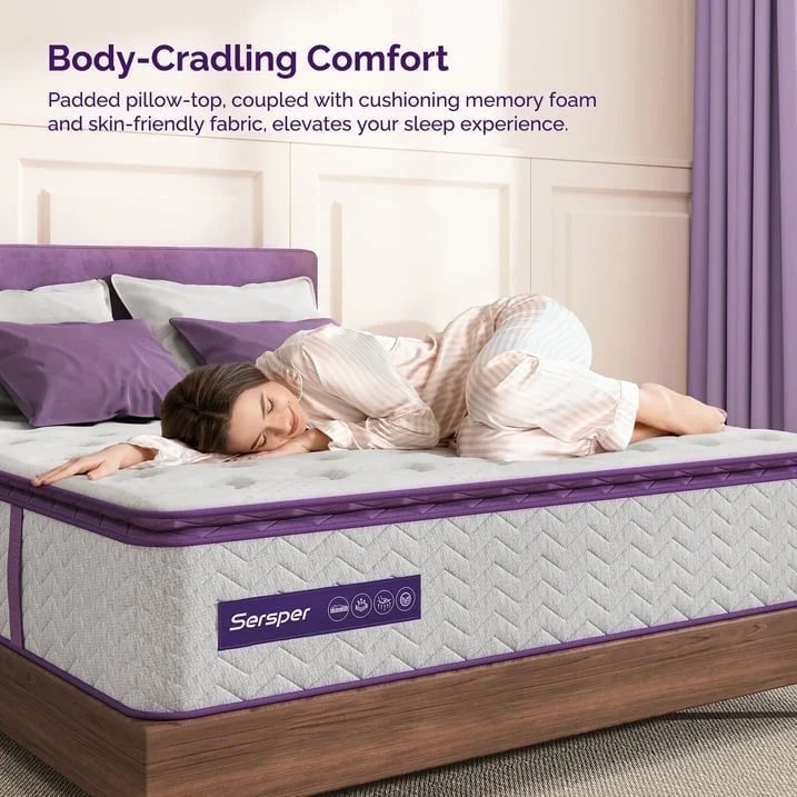 Sersper Queen Mattress, 12 Inch Pillow Top Hybrid Mattress Queen with Fiberglass Free, Gel Memory Foam, Breathable Bed Mattress for Cooler Sleep Supportive & Pressure Relief, Medium Firm