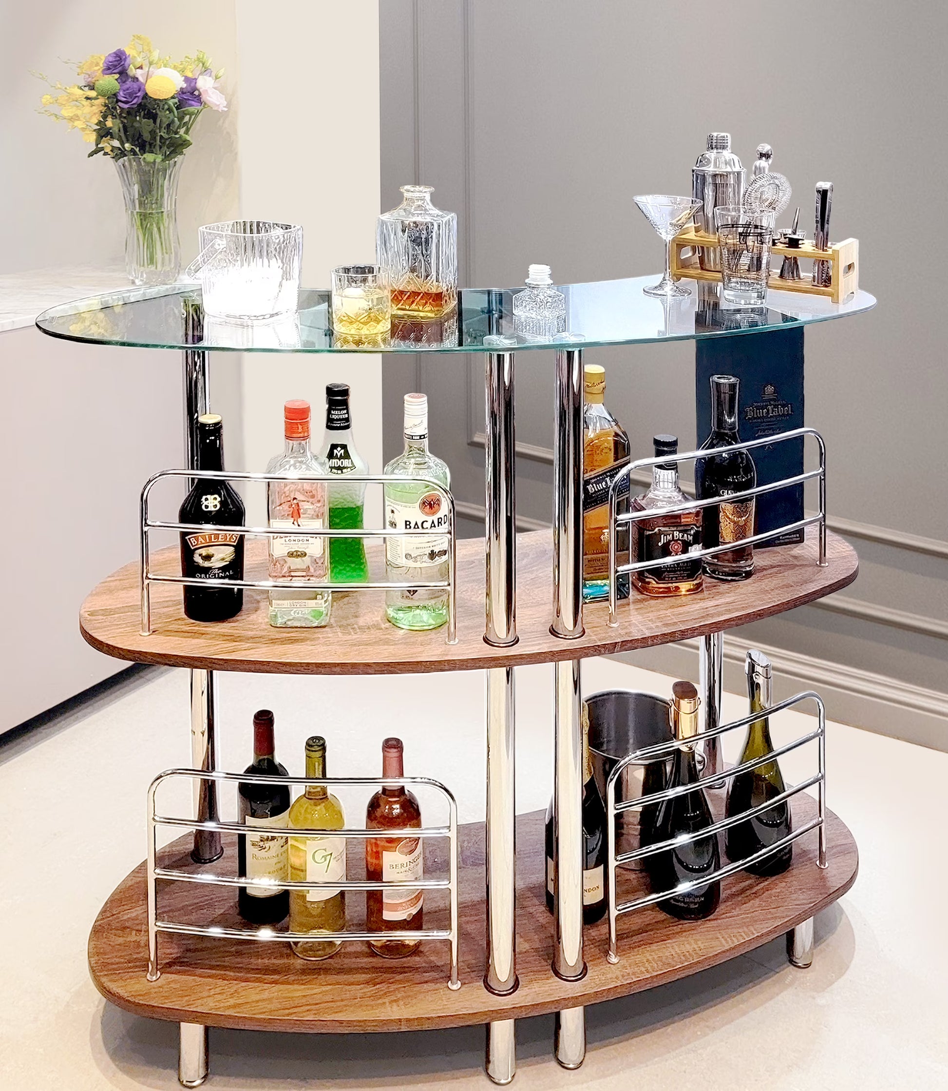 Mango Steam Contemporary Home Bar Liquor Table | Modern Clear Tempered Glass Shelves | 41" H x 47" L x 13.6" D