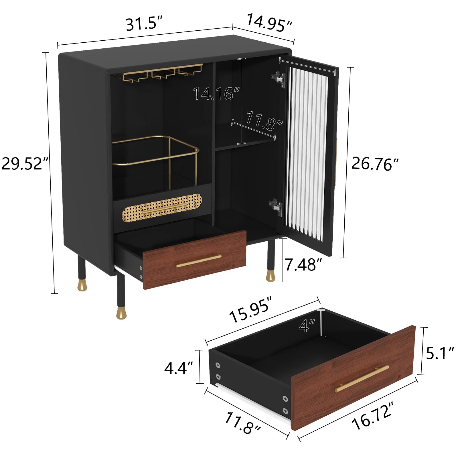 CBJCBJ Wine Bar Cabinet, Modern Coffee Cabinet with 3 Rows of Glass Racks, Sideboard Cabinet, Black