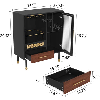 CBJCBJ Wine Bar Cabinet, Modern Coffee Cabinet with 3 Rows of Glass Racks, Sideboard Cabinet, Black