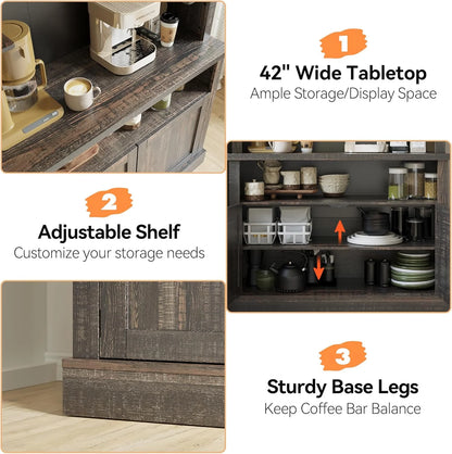 Homhougo Coffee Bar Cabinet with LED Lights, 72" Tall Buffet Cabinet with Storage, Farmhouse Kitchen Sideboard, Microwave Stand, Wine Rack, Glass Shelf, Kitchen & Dining Room Furniture, Dark Oak