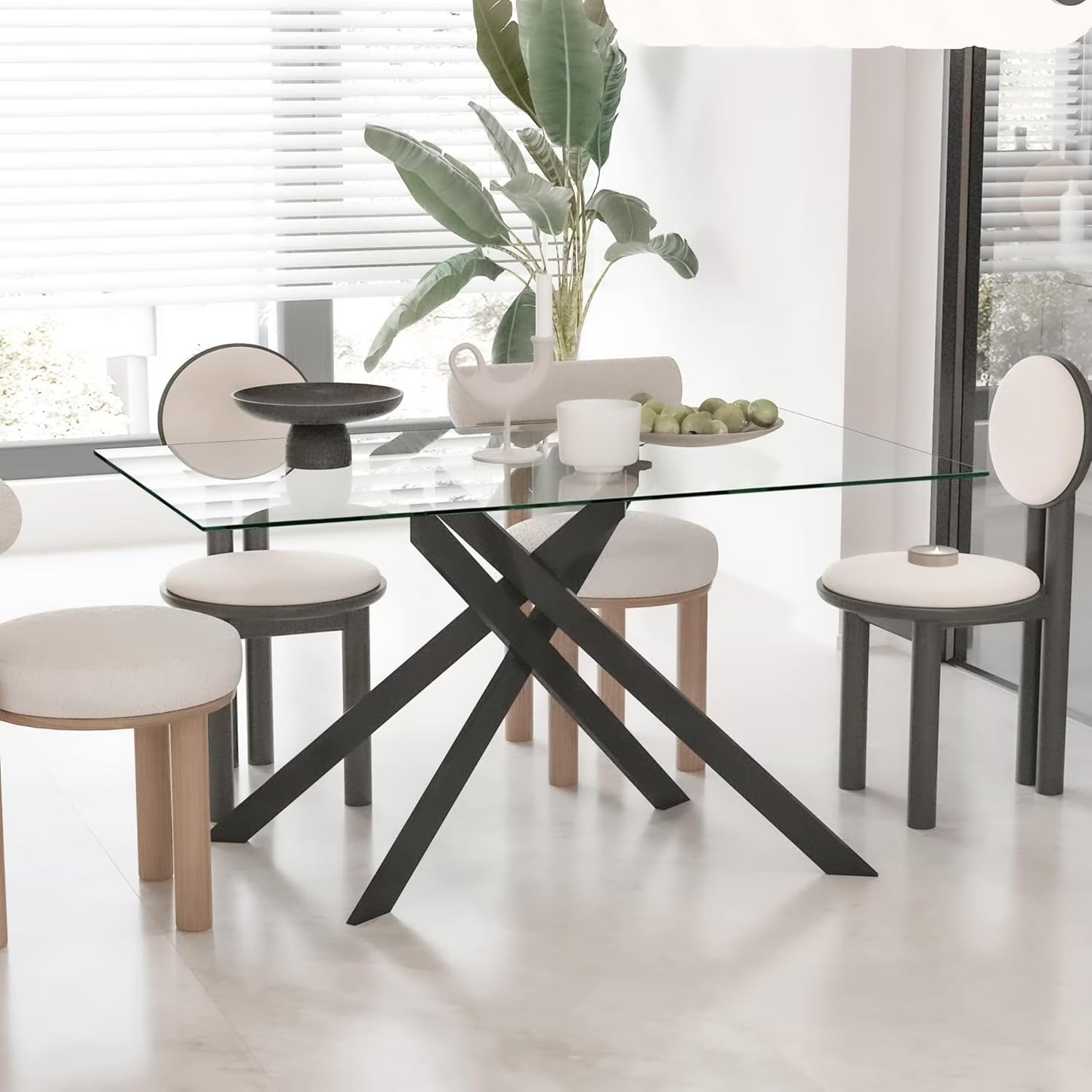 SSYBAB Glass Dining Table for 4 People, 51.2 Inches Rectangular Glass Kitchen Table with Silver Steel Legs, Modern Dining Room Table for Dinner Kitchen Dining Room