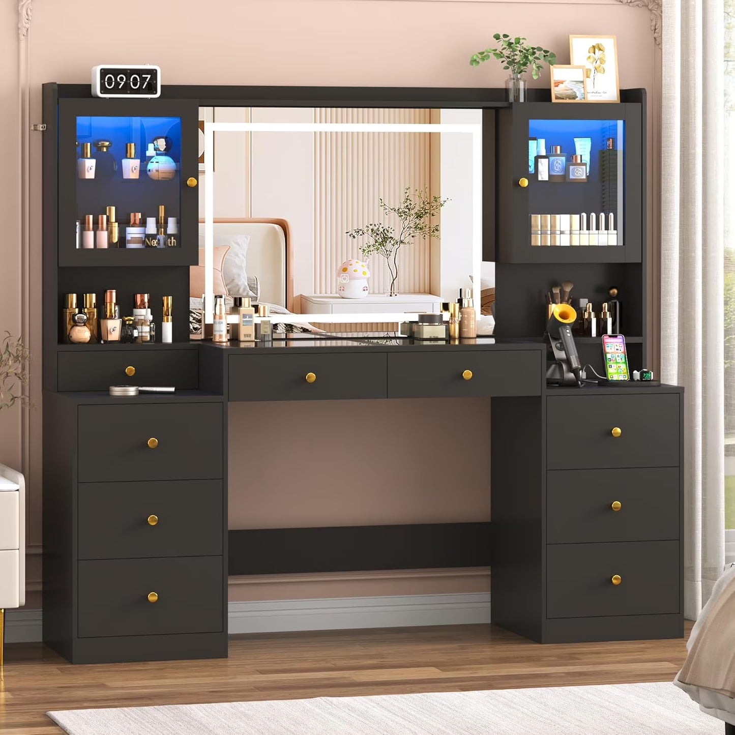 Blotout 62'' Large Vanity Desk w/60000-color LED Lights, Tempered Glass Top, Power Outlet, Makeup Vanity Table w/3 Lights Mode Mirror, 9 Drawers, 2 RGB Cabinets, LED Dressing Table for Girls, Women