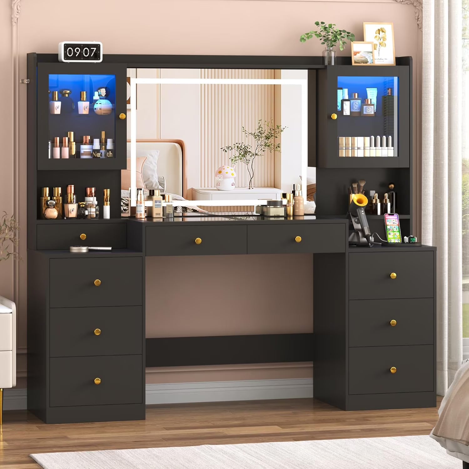 Blotout 62'' Large Vanity Desk w/60000-color LED Lights, Tempered Glass Top, Power Outlet, Makeup Vanity Table w/3 Lights Mode Mirror, 9 Drawers, 2 RGB Cabinets, LED Dressing Table for Girls, Women