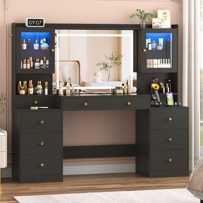 Blotout 62'' Large Vanity Desk w/60000-color LED Lights, Tempered Glass Top, Power Outlet, Makeup Vanity Table w/3 Lights Mode Mirror, 9 Drawers, 2 RGB Cabinets, LED Dressing Table for Girls, Women