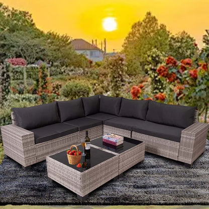 HISUKOY 7-Piece Modular Outdoor Sectional Wicker Patio Conversation Set,Outdoor Couch,All Weather Patio Conversation Sets with Washable Cushions and Glass Table, Rattan Wicker Couch for Garden