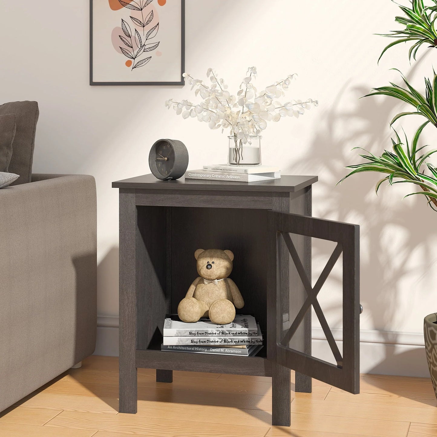 Jaxpety Set of 2 Nightstands Bedside Table W/x-Design Glass Door for Bedroom Living Room, Dark Gray